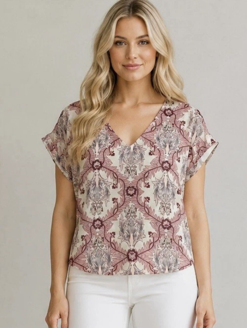 Gibson Latimer Women's Cream Blush Floral V-Neck Short Sleeve Flowy Top sz L